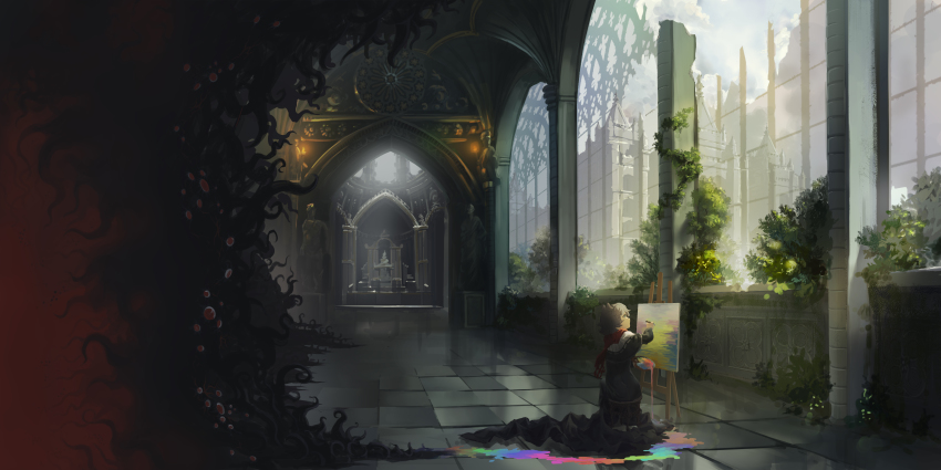 1girl absurdres altar arch architecture arknights black_dress broken_window brown_hair cathedral cloud darkness deepcolor_(arknights) dress foliage gothic_architecture green_eyes highres la_manche looking_away marble messy_hair paint paint_splatter painting_(action) painting_(object) scarf sky smile statue sunlight tentacles tile_floor tiles