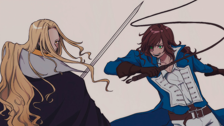 2boys alucard_(castlevania) belt black_cape blonde_hair blue_coat brown_gloves brown_hair cape castlevania:_symphony_of_the_night castlevania_(series) coat commentary commentary_request gloves green_eyes hair_over_one_eye high_collar highres holding holding_sword holding_weapon holding_whip imari_gon long_hair male_focus multiple_boys open_mouth pants richter_belmont shirt sword weapon whip white_pants white_shirt yellow_eyes