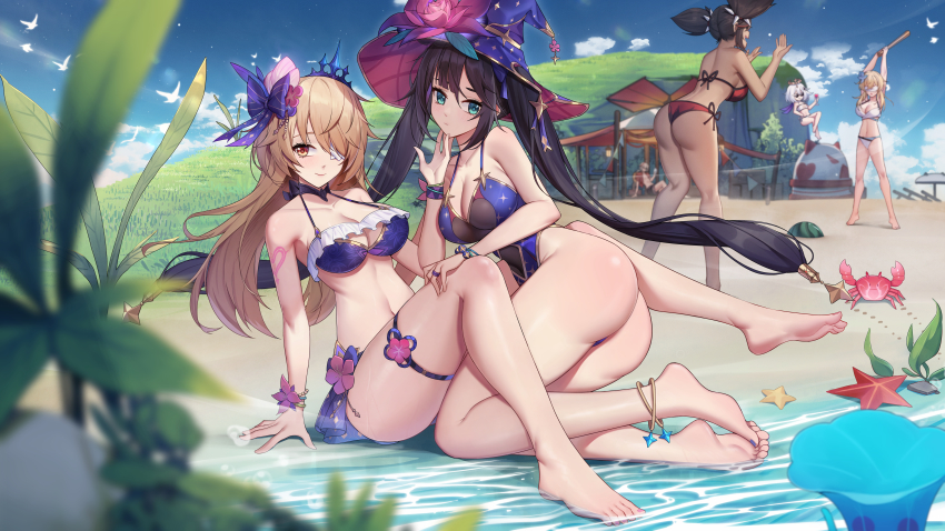 1boy 5girls absurdres anklet ass bare_legs barefoot beach bikini black_hair blindfold blonde_hair blue_bikini blue_bow blue_eyes blue_headwear blue_leotard blurry blurry_foreground blush bow breasts cleavage closed_mouth cloud couple crab dark-skinned_female dark_skin day depth_of_field eyepatch fischl_(genshin_impact) flower full_body genshin_impact grass hair_bow hair_over_one_eye hand_on_another&#039;s_thigh hand_on_own_chin hat hat_flower highres jewelry kaedehara_kazuha large_breasts leotard long_hair lumine_(genshin_impact) medium_breasts mona_(genshin_impact) multiple_girls navel outdoors paimon_(genshin_impact) plant red_bikini red_eyes red_flower side-tie_bikini_bottom sitting smile starfish swimsuit tiara twintails very_long_hair white_bikini witch_hat xingchee xinyan_(genshin_impact) yuri