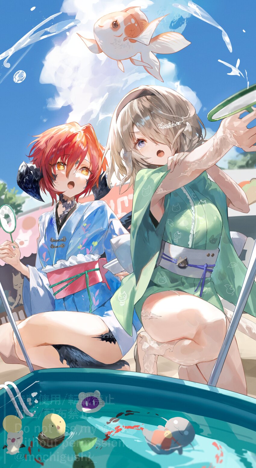 2girls absurdres au_ra blue_eyes breasts brown_hair dragon_girl dragon_horns dragon_tail final_fantasy final_fantasy_xiv fish goldfish goldfish_scooping great_serpent_of_ronka headband highres horns japanese_clothes kimono korpokkur_(final_fantasy) moogle multiple_girls namazu_(final_fantasy) obi outrunner_(ff14) poi_(goldfish_scoop) red_hair sash scales shikina_(mochigushi_) short_hair signature tail warrior_of_light_(ff14) yellow_eyes yukata