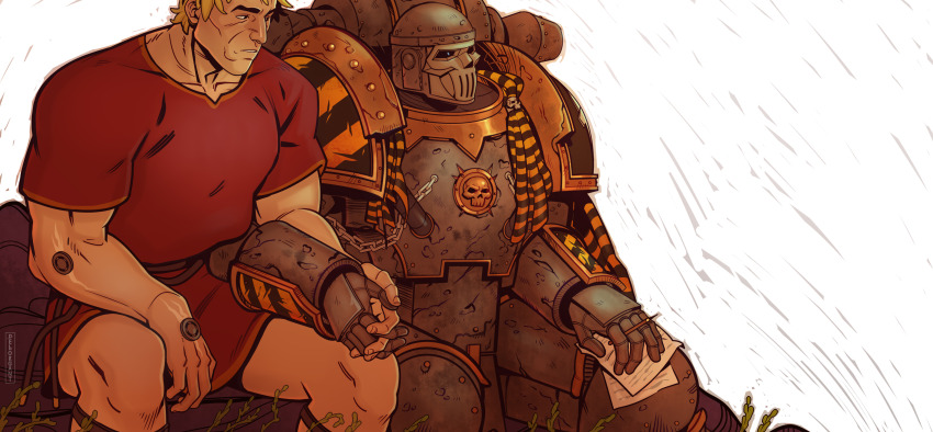 2boys absurdres alexis_polux armor barabas_dantioch battle_damage belt blonde_hair breastplate commentary couter cuirass full_armor gauntlets grey_armor hazard_stripes helmet highres holding holding_hands holding_pencil imperial_fists interlocked_fingers iron_warriors leaning_on_person looking_afar looking_at_another male_focus multiple_boys muscular muscular_male natalia_kikicheva on_rock outdoors paper pauldrons pencil poleyn power_armor red_toga rerebrace rock short_hair shoulder_armor simple_background sitting skull_ornament toga ultramarines under_fire warhammer_40k white_background