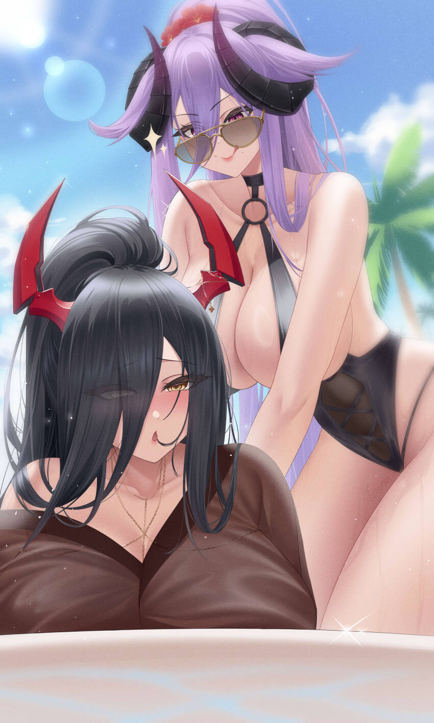 2girls absurdres azur_lane bare_arms bare_shoulders black_hair black_horns black_one-piece_swimsuit blush breasts cleavage closed_mouth curled_horns day eyes_visible_through_hair friedrich_carl_(azur_lane) friedrich_carl_(tender_summer_care)_(azur_lane) friedrich_der_grosse_(azur_lane) hair_between_eyes hair_over_one_eye highres horns huge_breasts ichikushi_mojibake long_hair looking_at_another lying multiple_girls official_alternate_costume on_stomach one-piece_swimsuit open_mouth outdoors ponytail purple_eyes red_horns sideboob smile sunglasses swimsuit yellow_eyes