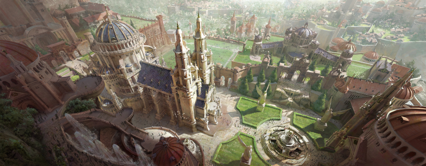 absurdres angel_statue architecture ayaxno building cathedral church commentary crowd day dome english_commentary fountain from_above grass highres original outdoors scenery spire stairs statue tagme tree water wide_shot