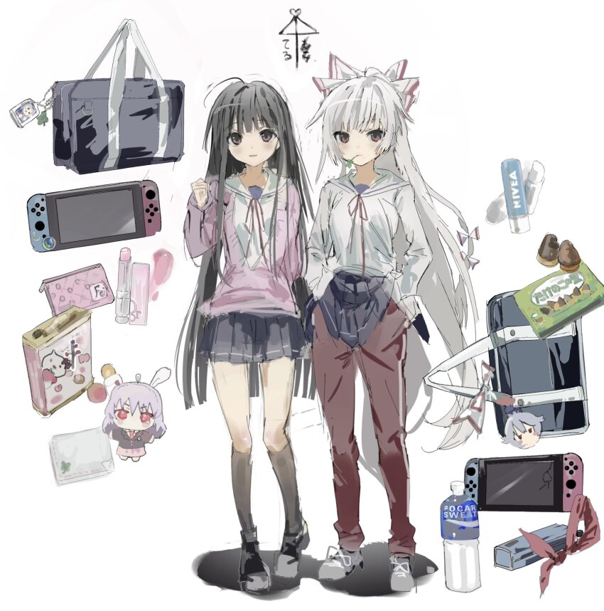2girls alternate_costume bag black_hair black_shoes black_socks blue_skirt bottle bow cosmetics expressionless fujiwara_no_mokou full_body hair_bow handkerchief hands_in_pockets highres hime_cut hood hoodie houraisan_kaguya kamishirasawa_keine light_smile long_hair long_sleeves looking_at_viewer mouth_hold multiple_girls nintendo_switch pants pants_under_skirt pink_eyes pink_shirt red_eyes red_pants reisen_udongein_inaba school_bag school_uniform sesmkun shirt shoes skirt sneakers socks stalk_in_mouth stuffed_toy touhou very_long_hair water_bottle white_background white_hair white_hoodie yagokoro_eirin