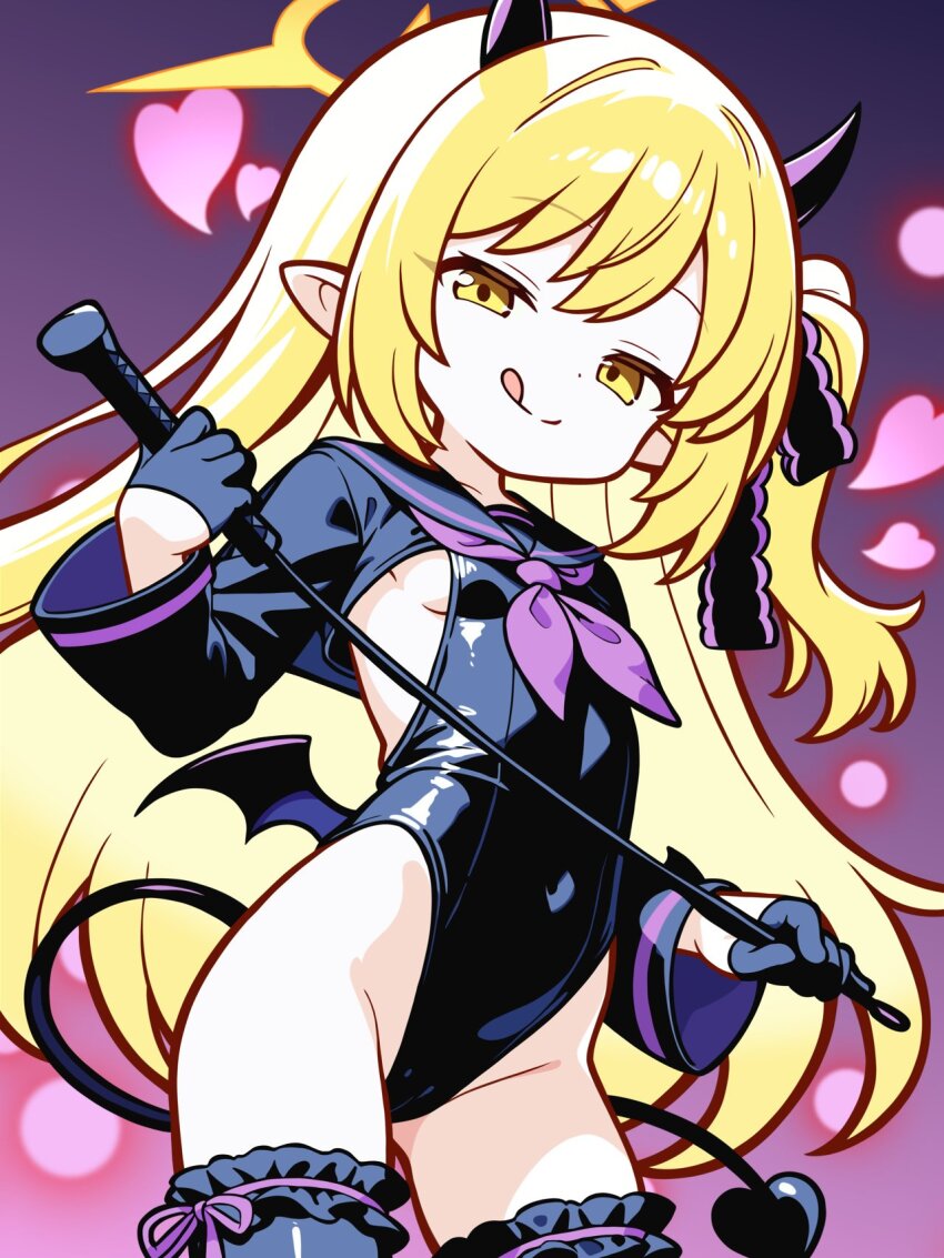 1girl :q alternate_hair_length alternate_hairstyle black_gloves black_horns black_leotard black_ribbon black_sailor_collar black_shrug black_tail black_thighhighs black_wings blonde_hair blue_archive breasts cameltoe closed_mouth commentary_request covered_navel cowboy_shot demon_girl demon_horns demon_tail demon_wings dot_nose frilled_ribbon frilled_thighhighs frills gloves gradient_background hair_ribbon half_gloves halo hands_up heart highleg highleg_leotard highres horns ibuki_(blue_archive) leotard loli long_hair long_sleeves low_wings neckerchief pointy_ears purple_neckerchief ribbon sailor_collar shishiejo_(sisieho1) shrug_(clothing) side_ponytail sideboob small_breasts smile solo split_mouth standing tail thighhighs thighs tongue tongue_out very_long_hair wings yellow_eyes yellow_halo