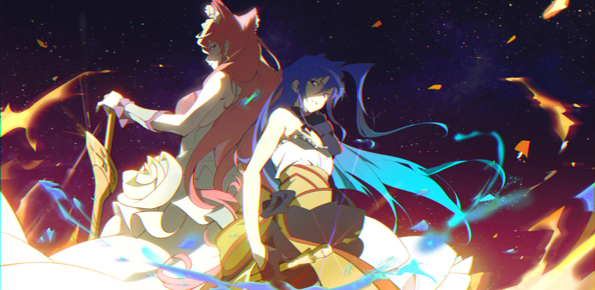 10s 2girls back-to-back bare_shoulders blue_hair breasts chromatic_aberration dress fire gloves kazanari_tsubasa large_breasts long_hair maria_cadenzavna_eve multiple_girls naye pink_hair senki_zesshou_symphogear strapless