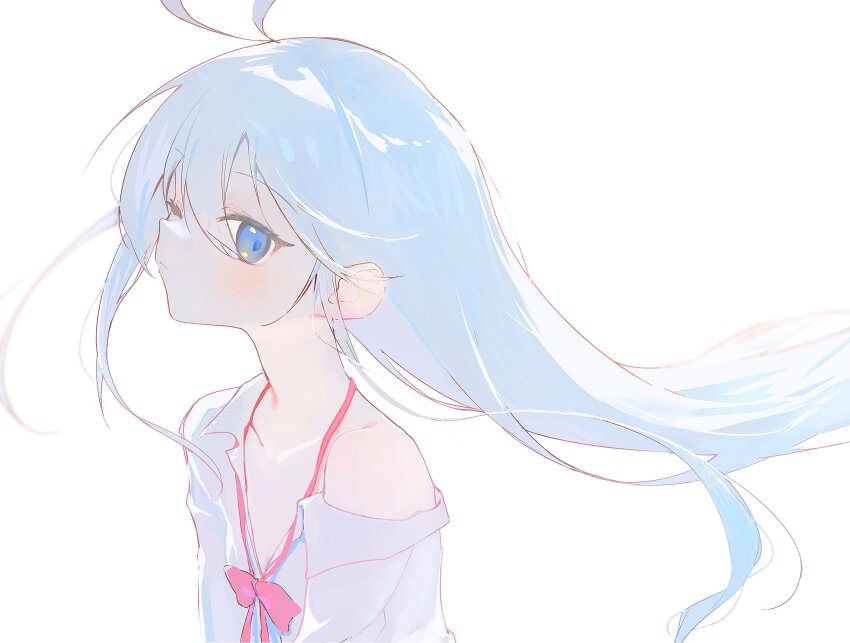 1girl antenna_hair blue_eyes blue_hair bow bowtie closed_mouth denpa_onna_to_seishun_otoko hair_spread_out highres kurobeko_(kur0bek0) light_blue_hair light_blush long_hair off_shoulder one_eye_closed pink_bow pink_bowtie shirt simple_background solo touwa_erio upper_body white_background white_shirt