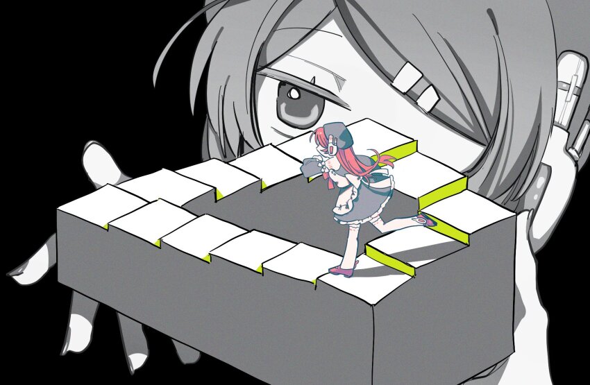 1girl apron beret detached_sleeves dress hair_ornament hairclip hat headgear highres kajuu_(maimai_maimaa) long_hair maid_apron momone_momo optical_illusion partially_colored penrose_stairs pink_hair running shoes sleeveless sleeveless_dress stairs thighhighs utau white_thighhighs