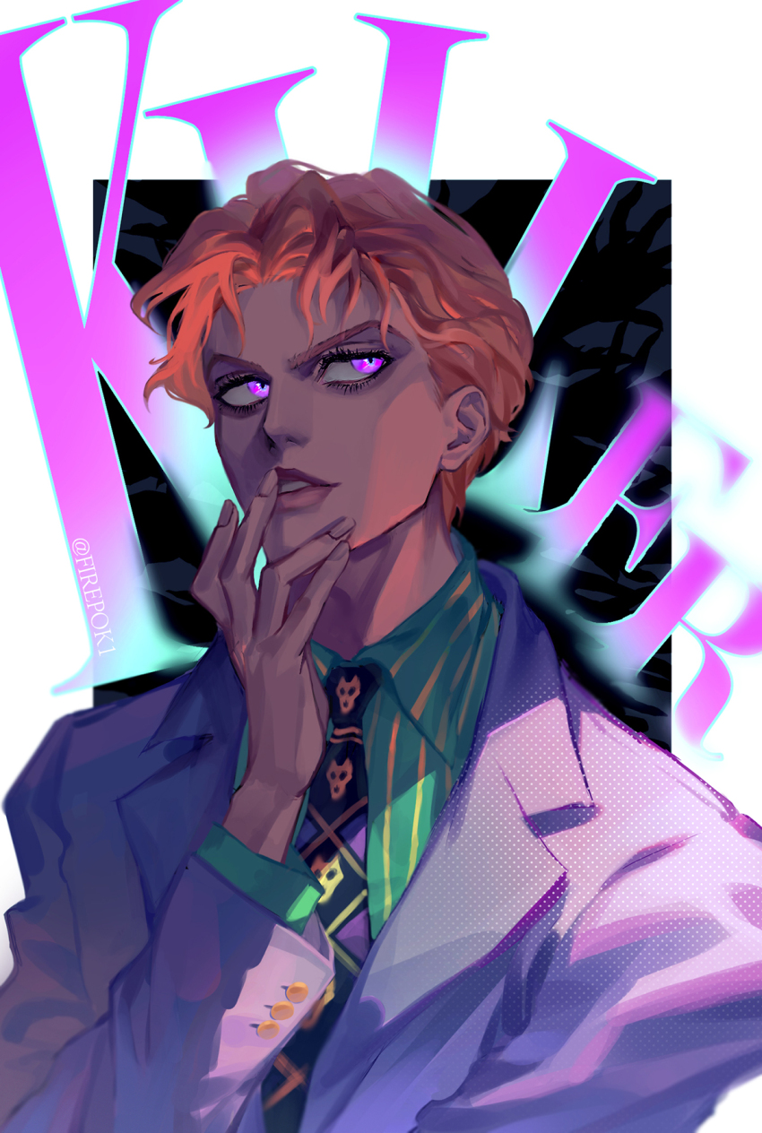 1boy argyle_clothes argyle_necktie artist_name black_background black_necktie blonde_hair blurry_edges border curtained_hair diamond_wa_kudakenai dress_shirt english_text eyelashes finger_to_mouth firepok green_shirt halftone hand_on_own_chin highres jacket jojo_no_kimyou_na_bouken kira_yoshikage looking_up male_focus necktie parted_bangs parted_lips pink_eyes purple_jacket purple_necktie shirt solo striped_clothes striped_shirt upper_body white_border