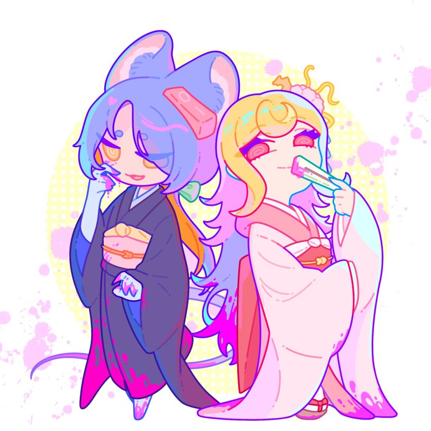 1boy 1girl @_@ animal_ears artist_self-insert bar_soap black_kimono blonde_hair blood blood_on_clothes blood_on_face blood_on_hands blood_splatter chibi danganronpa_(series) danganronpa_2:_goodbye_despair full_body hair_ornament hand_up highres japanese_clothes kimono mouse_boy mouse_ears mouse_tail obi orange_eyes original pink_kimono red_eyes saionji_hiyoko sandals sash shizhong_wu_di_fushang sleeves_past_fingers sleeves_past_wrists smile spoilers tail zouri
