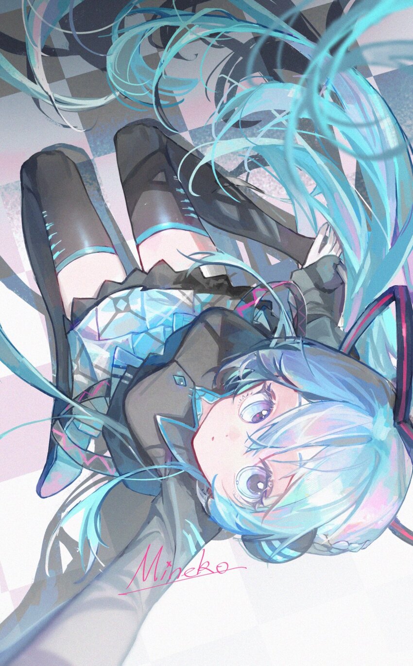 1girl :o aqua_eyes aqua_hair aqua_skirt black_footwear black_jacket boots hair_ribbon hand_up hatsune_miku hatsune_miku_(if) headphones highres jacket kneeling looking_at_viewer ponytail ribbon sidelocks signature skirt striped_ribbon thigh_boots vocaloid wusubamineko