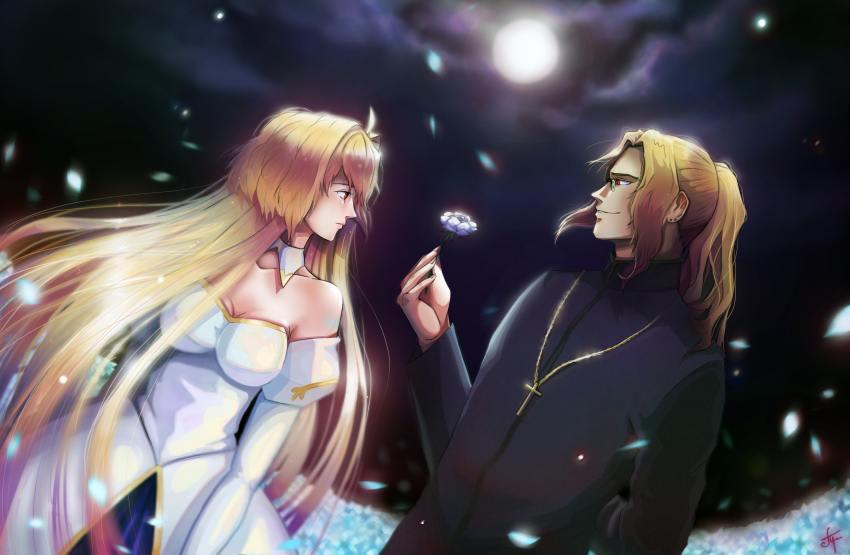 1boy 1girl absurdres ahoge archetype_earth arcueid_brunestud arm_behind_back bare_shoulders blonde_hair breasts cleavage cross cross_necklace detached_sleeves dress expressionless flower full_moon glasses gold_trim hidaboland highres holding holding_flower jewelry long_hair long_sleeves looking_at_another michael_roa_valdamjong michael_roa_valdamjong_(human) moon necklace night night_sky petals ponytail priest red_eyes sky smile tsukihime type-moon vampire very_long_hair white_dress