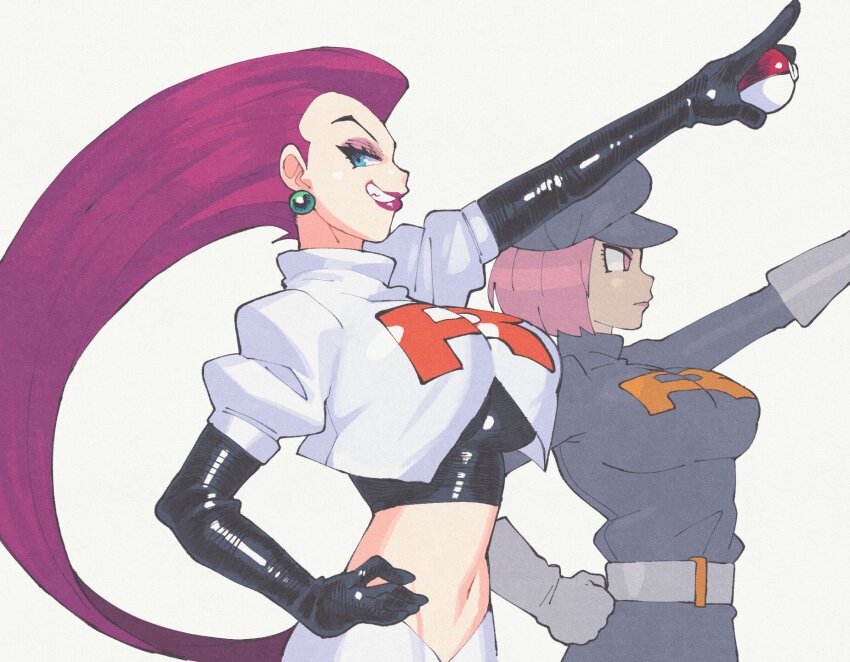 2girls alternate_breast_size arm_up belt black_dress black_gloves black_hat breasts cabbie_hat creatures_(company) crop_top dress earrings elbow_gloves expressionless eyeshadow flat_cap from_side game_freak gem gloves green_gemstone grey_belt grey_gloves grin hair_slicked_back hand_on_own_hip hat highres holding holding_poke_ball index_finger_raised inkerton-kun jessie_(pokemon) jewelry large_breasts lipstick long_hair long_sleeves looking_at_viewer makeup multiple_girls navel nintendo outstretched_arm pink_eyes pink_hair pink_lips poke_ball poke_ball_(basic) pokemon pokemon_(anime) pokemon_(classic_anime) pokemon_hgss profile puffy_short_sleeves puffy_sleeves purple_eyeshadow purple_hair purple_lips salute shirt short_dress short_hair short_sleeves sideways_glance simple_background single_letter skirt smile sphere_earrings straight-arm_salute team_rocket team_rocket_grunt team_rocket_uniform turtleneck upper_body white_background white_shirt white_skirt