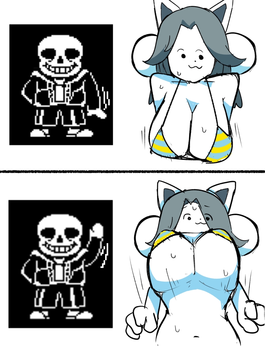 black_hair bra breasts furry furry_female grin highres hood hoodie large_breasts long_ears nakineiriko_(dafdafson) navel sans_(undertale) shorts skeleton slippers smile sweat temmie underboob undertale underwear