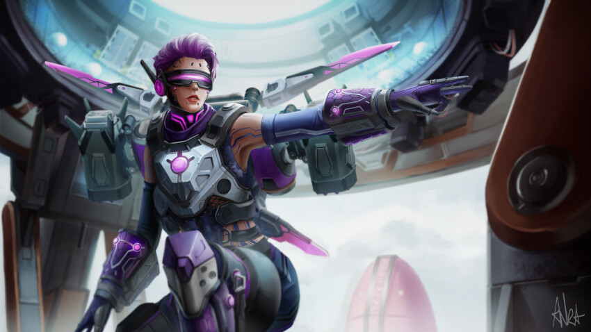 1girl absurdres air_orchid_valkyrie anoreika_tomoe apex_legends armor breastplate elbow_gloves face_piercing gloves head-mounted_display highres in-universe_location jetpack kneeling lip_piercing official_alternate_costume olympus_(apex_legends) parted_lips piercing pointing purple_gloves purple_hair red_lips short_hair solo valkyrie_(apex_legends)