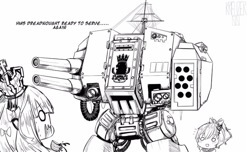 2girls azur_lane bow character_name commentary crown cup dreadnought_(warhammer_40k) english_commentary english_text greyscale hair_bow hms_dreadnought javelin_(azur_lane) kreuzer_00 monochrome multiple_girls name_connection o_o open_mouth queen_elizabeth_(azur_lane) scared spilling sweatdrop teacup warhammer_40k wavy_mouth