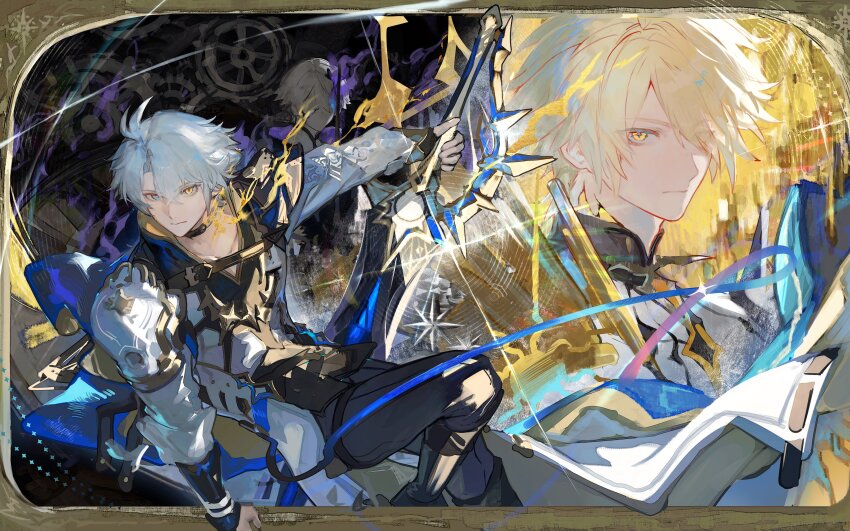 3boys absurdres alternate_form antenna_hair armor black_choker black_cloak black_gloves black_pants black_shirt blonde_hair blue_cape blue_eyes cape choker cloak coat dark_persona dichlorvos fingerless_gloves flame_reaver_of_the_deepest_dark gloves hair_between_eyes hashtag-only_commentary highres holding holding_sword holding_weapon honkai:_star_rail honkai_(series) hood hood_down hooded_cloak male_focus multiple_boys multiple_persona pants parted_bangs pauldrons phainon_(honkai:_star_rail) shirt short_hair shoulder_armor single_glove single_pauldron sword weapon white_coat white_hair yellow_eyes