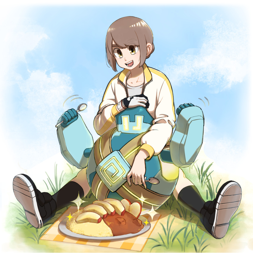 absurdres black_footwear black_legwear brown_hair cloud collarbone commentary_request curry day dynamax_band food gen_5_pokemon gloves golett grass highres holding holding_spoon jacket long_sleeves mossan_(pfar4853) nintendo open_mouth outdoors pokemon pokemon_(creature) pokemon_swsh shoes single_glove sitting sky socks spoon teeth tongue white_jacket wristband