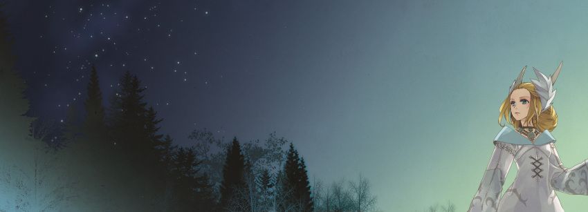10s 1girl blonde_hair dress female_focus final_fantasy final_fantasy_xiv headdress highres hisato_ar jewelry kan-e-senna necklace outdoors padjal sky solo star_(sky) starry_sky tree