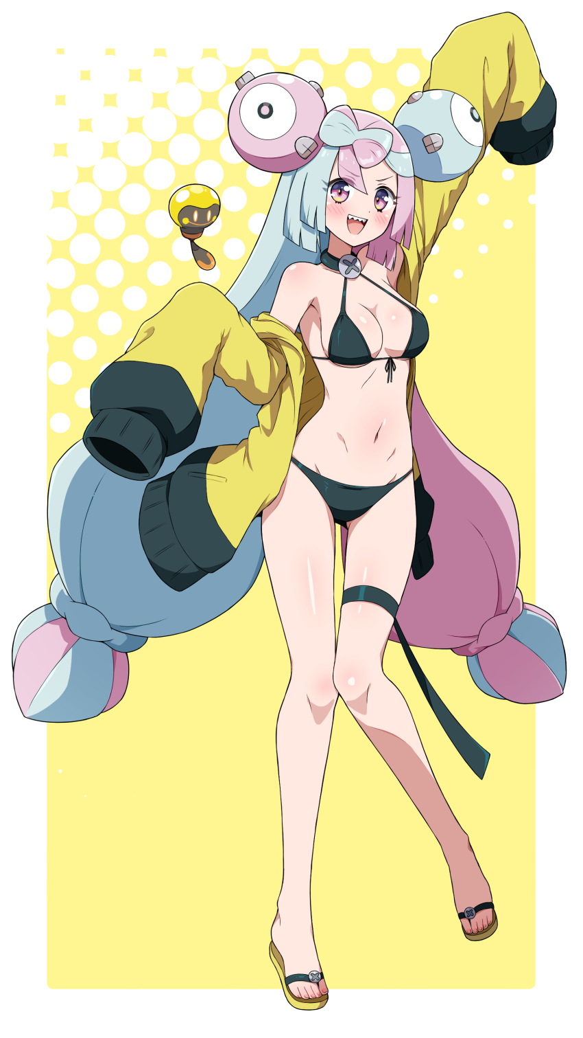 1girl :d absurdres arm_up bikini black_bikini blush border bow-shaped_hair breasts character_hair_ornament commentary_request eggman_(ni_tamagoex) flip-flops full_body hair_ornament happy highres iono_(pokemon) jacket knees long_hair long_sleeves multicolored_hair navel nintendo open_clothes open_jacket open_mouth pokemon pokemon_(creature) pokemon_sv sandals sleeves_past_fingers sleeves_past_wrists smile solo swimsuit tadbulb teeth thigh_strap toes twintails two-tone_hair upper_teeth_only white_border x yellow_background yellow_jacket