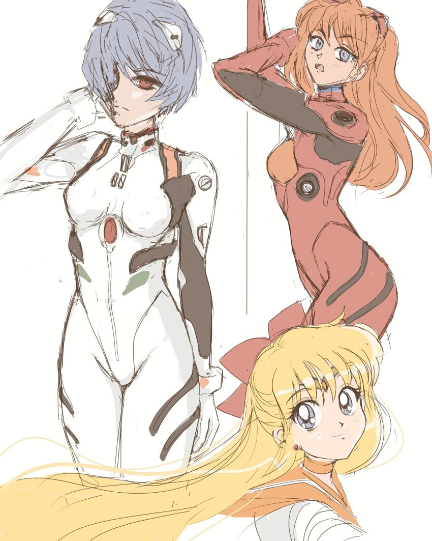 3girls aino_minako ayanami_rei bishoujo_senshi_sailor_moon blonde_hair blue_eyes blue_hair bodysuit bow breasts crossover curvy from_side highres long_hair magical_girl medium_breasts multiple_girls neon_genesis_evangelion one_eye_covered orange_hair red_bodysuit red_bow red_eyes sailor_venus short_sleeves sketch souryuu_asuka_langley stone_umbrella twintails very_long_hair white_bodysuit wide_hips