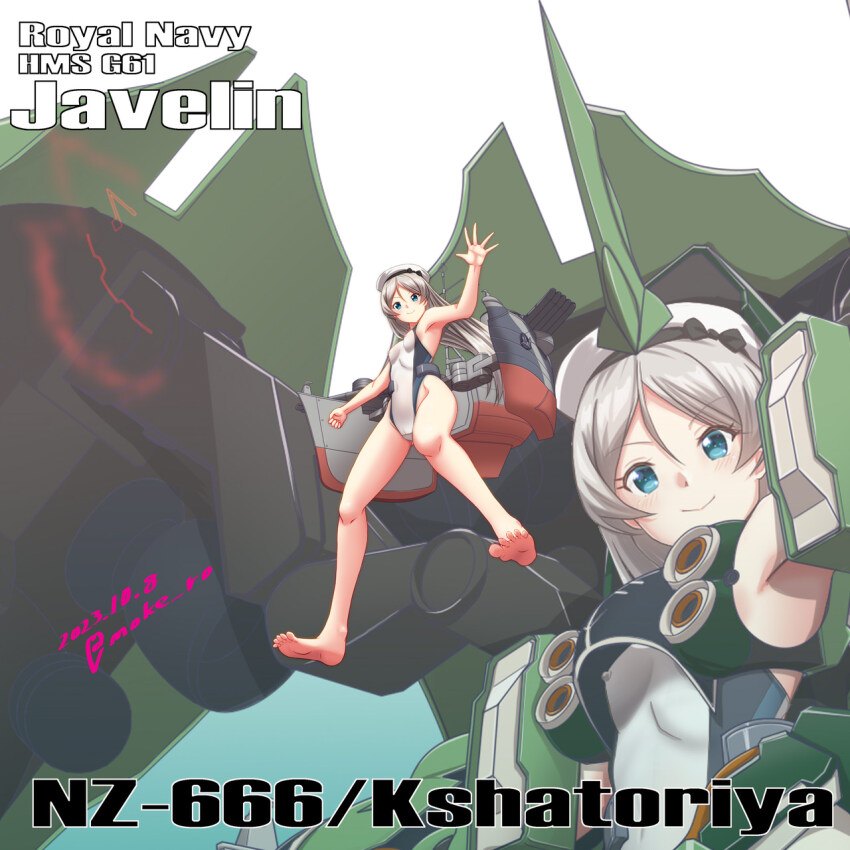 1girl beam_axe blue_eyes breasts competition_swimsuit dated from_below funnels_(gundam) grey_hair hat highleg highleg_one-piece_swimsuit highres javelin_(kancolle) kantai_collection kshatriya long_hair looking_at_viewer machinery mecha_musume moke_ro one-piece_swimsuit sailor_hat simple_background small_breasts solo swimsuit twitter_username white_background white_hat white_one-piece_swimsuit zoom_layer