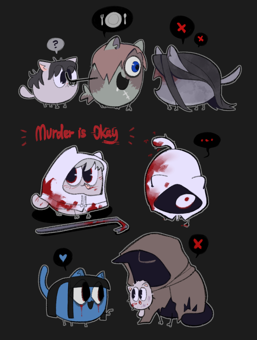 aged_down animal animalization baby_animal black_background black_eyes black_hair blood blood_on_face bloody_tears blue_eyes brown_cloak cat chinese_commentary chlorenw cloak clothed_animal commentary_request crowbar english_text heroine_(homicipher) highres holding holding_crowbar homicipher kitten long_hair mouth_hold mr._crawling mr._hood mr._stitch ms._blue-clad multiple_views raincoat red_eyes stitches white_raincoat