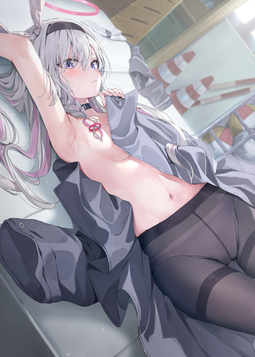 1girl absurdres arm_up armpits ball black_choker black_hairband black_pantyhose blue_archive blue_pupils blush braid breasts cameltoe choker closed_mouth coat crotch_seam dutch_angle grey_coat grey_eyes grey_hair gym_storeroom hair_between_eyes hair_ribbon hair_spread_out hairband halo hashtag-only_commentary highres huwari_(dnwls3010) long_hair long_sleeves looking_at_viewer lying medium_breasts mismatched_pupils multicolored_hair navel on_back panties panties_under_pantyhose pantyhose pink_hair pink_halo pink_panties plana_(blue_archive) purple_eyes red_pupils revision ribbon shirt side_braid single_braid solo thighband_pantyhose traffic_cone two-tone_hair underwear unworn_shirt volleyball_(object) white_hair white_ribbon