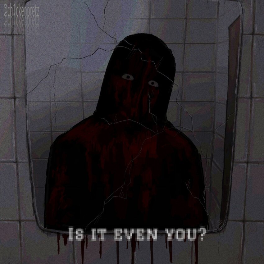 1boy bathroom black_hoodie blood blood_drip blood_on_clothes blood_on_face blood_on_wall ceiling_light ch1ckenpretz crack cracked_glass cry_of_fear despite_everything_it&#039;s_still_you_(meme) dim_lighting door english_text highres hood hood_up hoodie looking_at_viewer male_focus meme mirror reflection reflection_focus reflective_surface simon_henriksson_(book) solo spot_color standing tile_wall tiles wide-eyed