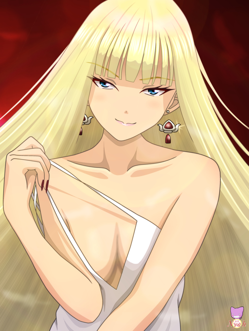 1girl absurdres blonde_hair blue_eyes blunt_bangs breasts cleavage collarbone commentary_request dress earrings fingernails gigi_andalusia gradient_background gundam gundam_hathaway&#039;s_flash highres jewelry long_fingernails long_hair looking_at_viewer naughty_face nyahoekaki1 red_background red_nails signature smile solo undressing upper_body white_dress