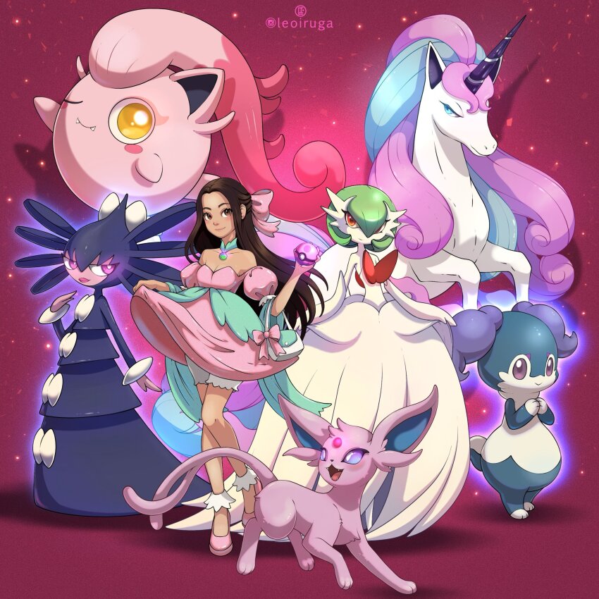 1girl artist_name black_hair blue_eyes bob_cut bow colored_skin commission dress elbow_gloves espeon forehead_jewel galarian_form galarian_rapidash gardevoir gen_2_pokemon gen_3_pokemon gen_5_pokemon gen_8_pokemon gloves gothitelle green_hair hair_bow hair_over_one_eye highres holding holding_poke_ball indeedee indeedee_(female) leoiruga long_hair mega_gardevoir mega_pokemon nintendo pink_bow pink_dress pink_eyes pink_shoes pink_skin poke_ball pokemon pokemon_(creature) purple_eyes purple_fur scream_tail shoes strapless strapless_dress unicorn white_dress white_gloves yellow_eyes