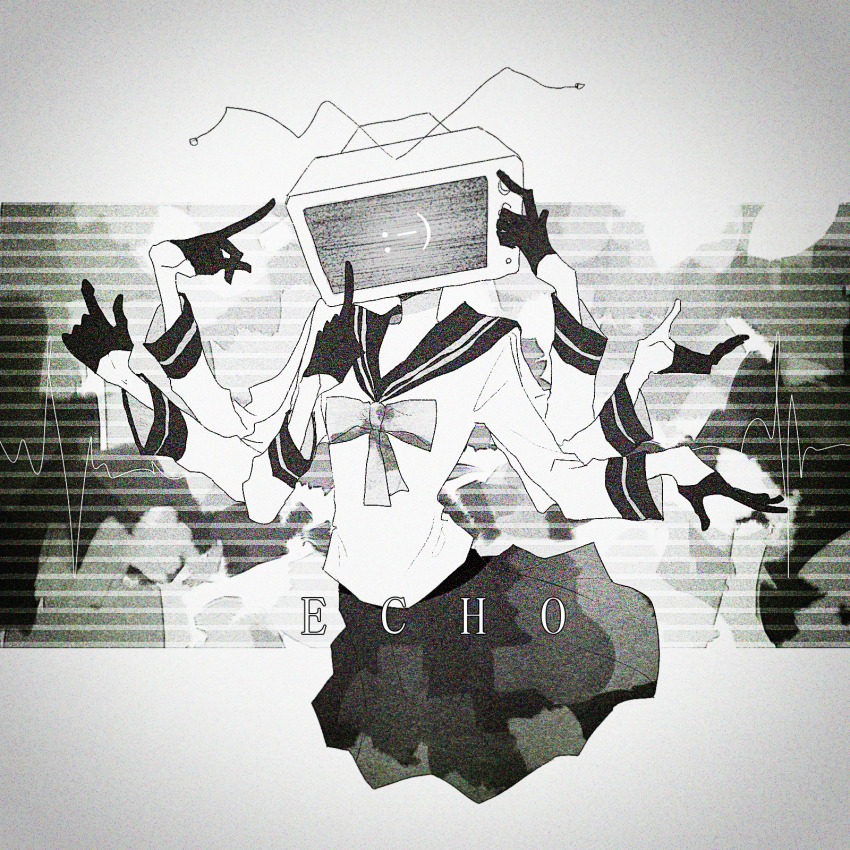 1girl bow bowtie commentary copyright_name cropped_legs echo_(vocaloid) english_commentary english_text extra_arms gloves half_gloves hands_up highres long_sleeves looking_at_viewer monochrome object_on_head primadonna_(echo) revol4357 sailor_collar school_uniform shirt skirt solo television vocaloid