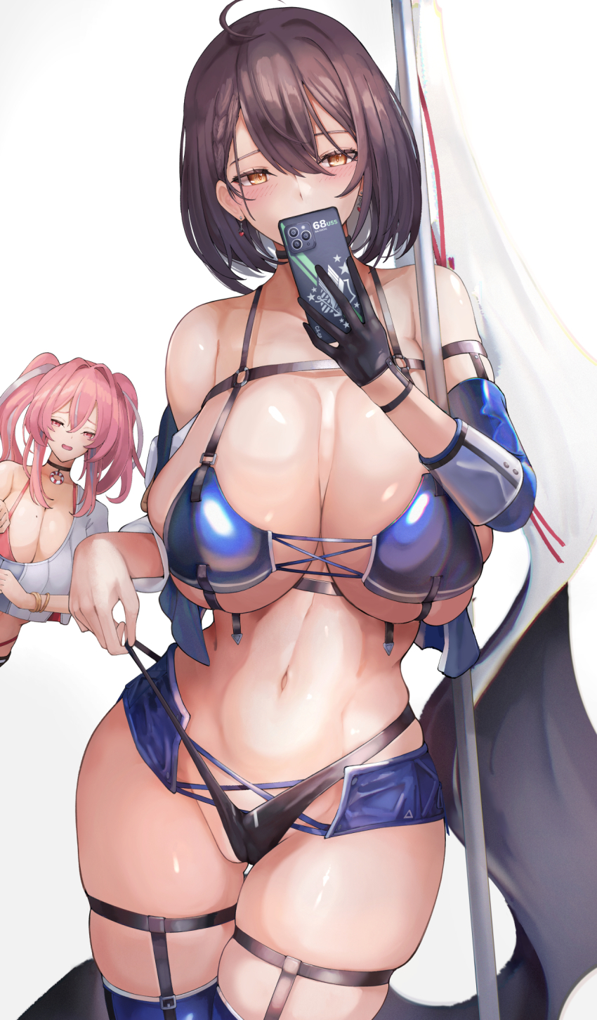 2girls azur_lane baltimore_(azur_lane) baltimore_(finish_line_flagbearer)_(azur_lane) black_gloves breasts bremerton_(azur_lane) brown_hair cameltoe cellphone cowboy_shot flag gloves hair_intakes highres holding holding_flag holding_phone large_breasts looking_at_viewer multiple_girls navel official_alternate_costume phone pink_hair race_queen simple_background skindentation smartphone thick_thighs thigh_strap thighs twintails white_background yellow_eyes yusha_m
