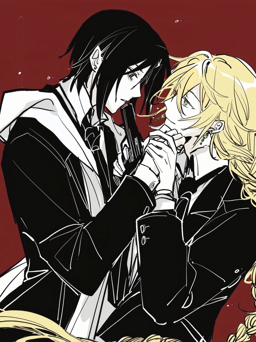 absurdres at_gunpoint black_hair black_jacket black_necktie blonde_hair collared_shirt earrings finger_on_trigger floating_earring formal_clothes green_eyes gun hair_between_eyes head_down highres holding holding_gun holding_hands holding_weapon jack_vessalius jacket jewelry light_smile limited_palette long_braid long_hair looking_at_another looking_down low-tied_long_hair nanji379 necktie oswald_baskerville pandora_hearts parted_lips red_background red_eyes shirt short_hair sidelocks stud_earrings suit teeth upper_body weapon white_shirt