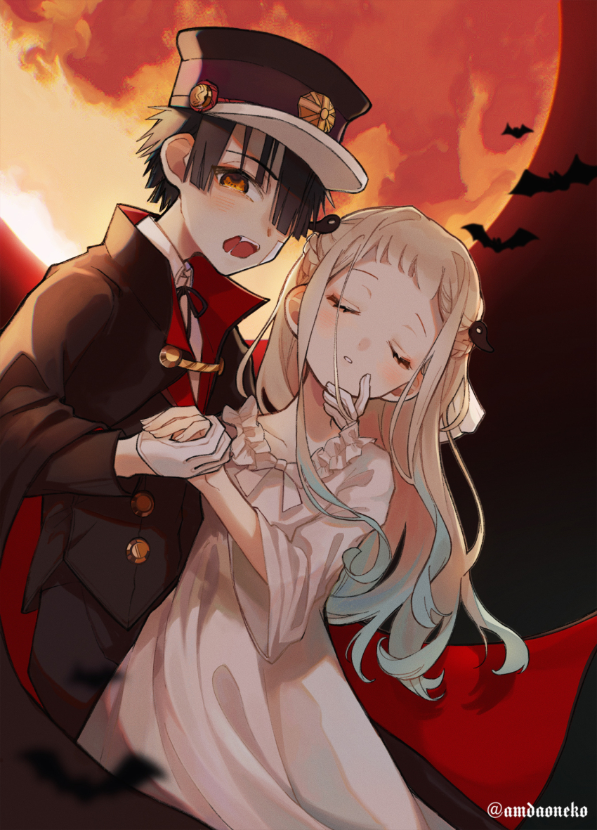 1boy 1girl aiguillette amd_aoneko aqua_hair artist_name bandaid bandaid_on_cheek bandaid_on_face bat_(animal) black_cloak black_hair black_jacket black_pants black_ribbon bow cloak closed_eyes commentary dress fang gakuran gakuseibou gloves gradient_hair hair_ornament hair_over_one_eye hanako_(jibaku_shounen_hanako-kun) hand_on_another&#039;s_neck hat highres holding_hands jacket jibaku_shounen_hanako-kun long_hair long_sleeves looking_at_viewer magatama magatama_hair_ornament moon multicolored_hair one_eye_covered open_mouth orange_eyes pants parted_lips peaked_cap red_cloak red_moon ribbon school_uniform shirt short_bangs short_hair two-tone_cloak vampire white_bow white_dress white_gloves white_hair white_shirt yashiro_nene