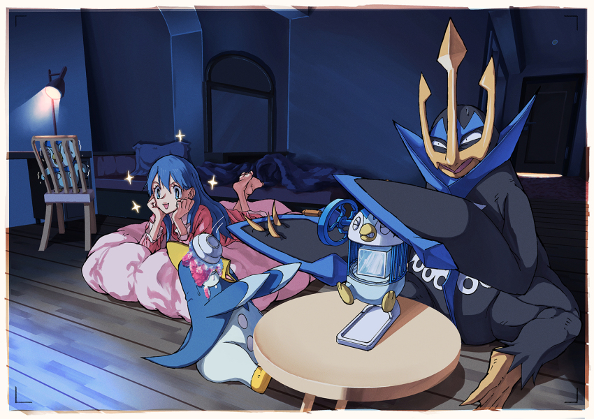 1girl :d barefoot blue_eyes blue_hair border bright_pupils chair commentary_request dawn_(pokemon) empoleon evolutionary_line eyelashes feet food gen_4_pokemon head_rest how_long indoors long_hair lying nintendo on_stomach open_mouth pink_shirt piplup pokemon pokemon_(creature) pokemon_dppt prinplup shaved_ice shirt smile table white_border white_pupils