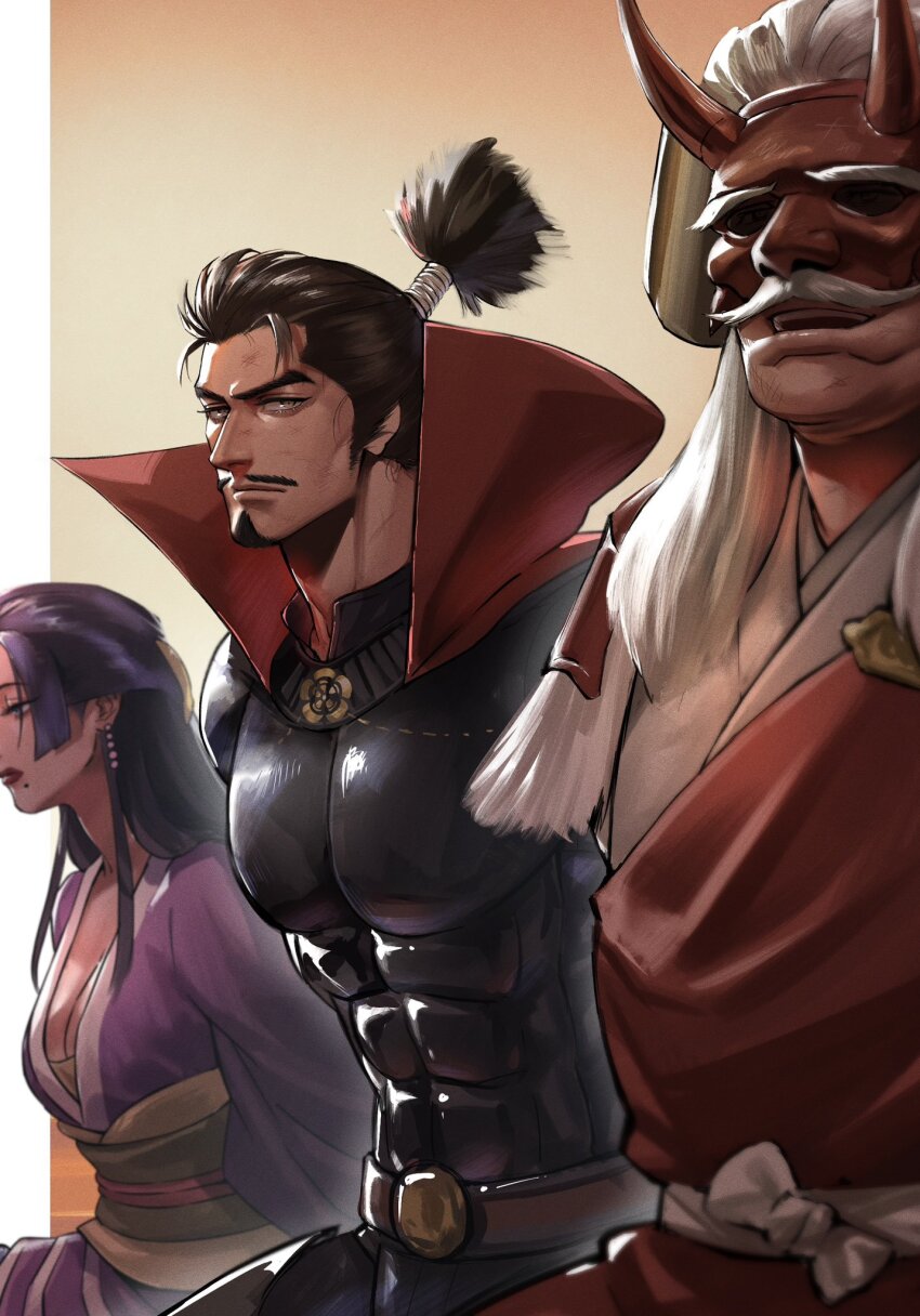 1girl 2boys armor black_hair breasts cleavage commentary_request covered_abs cowl earrings facial_hair goatee highres horned_mask japanese_clothes jewelry kimono large_breasts mask mole mole_under_mouth multiple_boys mustache nouhime_(sengoku_musou) oda_nobunaga_(sengoku_musou) oni_mask purple_hair purple_kimono sengoku_musou takeda_shingen_(sengoku_musou) tobo_katsuo topknot white_hair