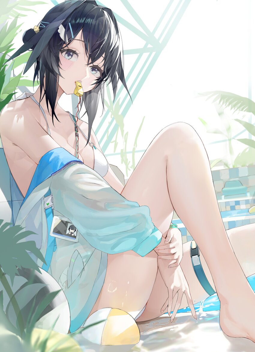 0dd 1girl absurdres arknights bikini black_hair breasts day grey_eyes hair_ornament hairclip hand_on_own_wrist highres la_pluma_(arknights) la_pluma_(summer_flowers)_(arknights) long_sleeves looking_at_viewer medium_breasts mouth_hold official_alternate_costume short_hair sitting solo swimsuit water wet whistle white_bikini