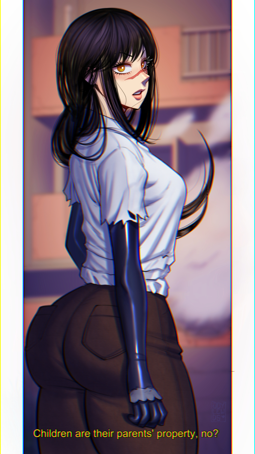 1girl ass ass_focus black_hair black_pants blouse chainsaw_man english_text female_focus highres huge_ass joylewds lips long_hair looking_at_viewer open_mouth pants prosthesis prosthetic_arm scar scar_on_face shirt yellow_eyes yoru_(chainsaw_man)