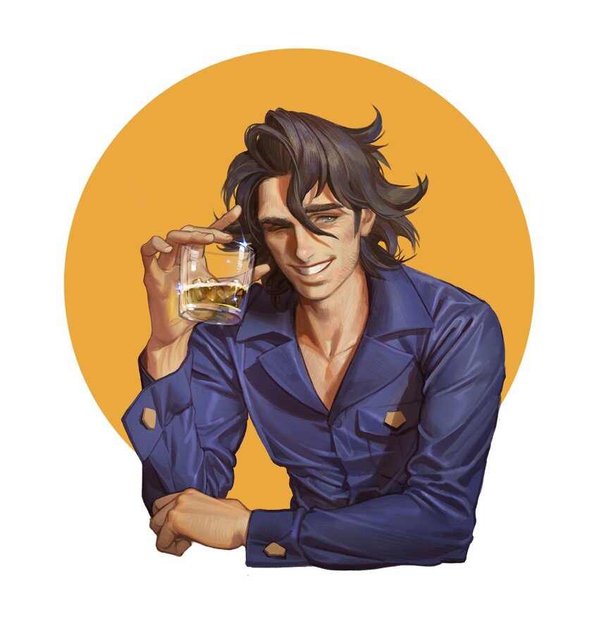 1boy arm_up professor_sycamore black_hair blue_eyes blue_shirt breast_pocket buttoned_cuffs buttons circle collarbone collared_shirt commentary cropped_torso cup dress_shirt drinking_glass english_commentary et.m grin hair_between_eyes highres holding holding_cup long_sleeves looking_to_the_side male_focus nintendo one_eye_closed open_collar pocket pokemon pokemon_xy shirt shot_glass sideways_glance sleeve_cuffs smile solo teeth wavy_hair white_background yellow_circle