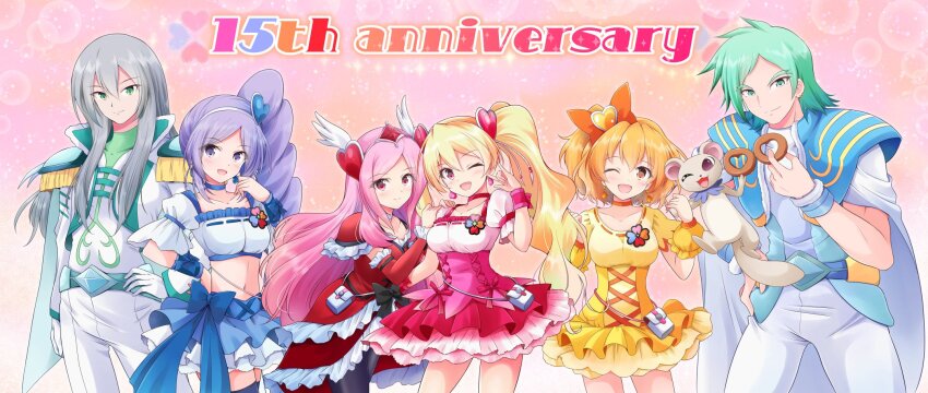 2boys 4girls anniversary aono_miki aqua_belt aqua_cape arm_warmers black_pantyhose black_thighhighs blonde_hair blue_choker blue_skirt blue_vest blush cape choker closed_mouth clover_brooch commentary_request cookie creature cropped_jacket cropped_shirt cure_berry cure_passion cure_peach cure_pine dress earrings fairy food fresh_precure! gloves green_eyes green_hair grey_hair hair_ornament hairband heart heart_earrings heart_hair_ornament higashi_setsuna highres holding holding_cookie holding_food jacket jewelry long_hair long_sleeves magical_girl midriff momozono_love multicolored_jacket multiple_boys multiple_girls navel one_eye_closed open_clothes open_mouth open_vest orange_choker pants pantyhose partial_commentary pink_choker pink_eyes pink_hair precure puffy_short_sleeves puffy_sleeves purple_eyes purple_hair red_dress red_eyes shizuna_kaede short_hair short_sleeves side_ponytail skirt smile souler_(fresh_precure!) tart_(fresh_precure!) thighhighs tiara twintails two-tone_dress two-tone_jacket two-tone_shirt vest wester_(fresh_precure!) white_gloves white_hairband white_pants wing_hair_ornament wrist_cuffs yamabuki_inori yellow_dress yellow_eyes