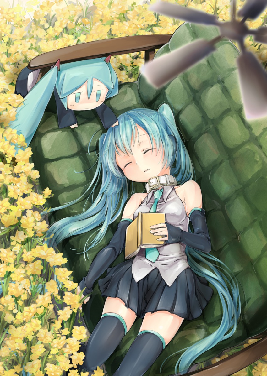 2girls absurdres aqua_hair book ceiling_fan chibi closed_eyes collar couch detached_sleeves flower green_upholstery hatsune_miku highres long_hair lying md5_mismatch multiple_girls necktie on_back resolution_mismatch skirt sleeping source_smaller thighhighs tufted_upholstery twintails very_long_hair vocaloid yuunagi_show