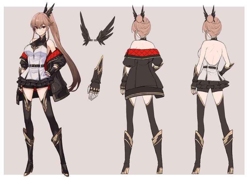 1girl absurdres backless_outfit belt bike_shorts boots breasts brown_hair reference_sheet fanged_bangs fingerless_gloves frilled_skirt frills ganesagi gauntlets gloves hair_between_eyes hand_on_own_hip high_heel_boots high_heels highres jacket knee_boots medium_breasts miniskirt off-shoulder_jacket off_shoulder original padded_jacket ponytail red_eyes red_nails skirt smile swept_bangs thighhighs vambraces winged_hair_ornament