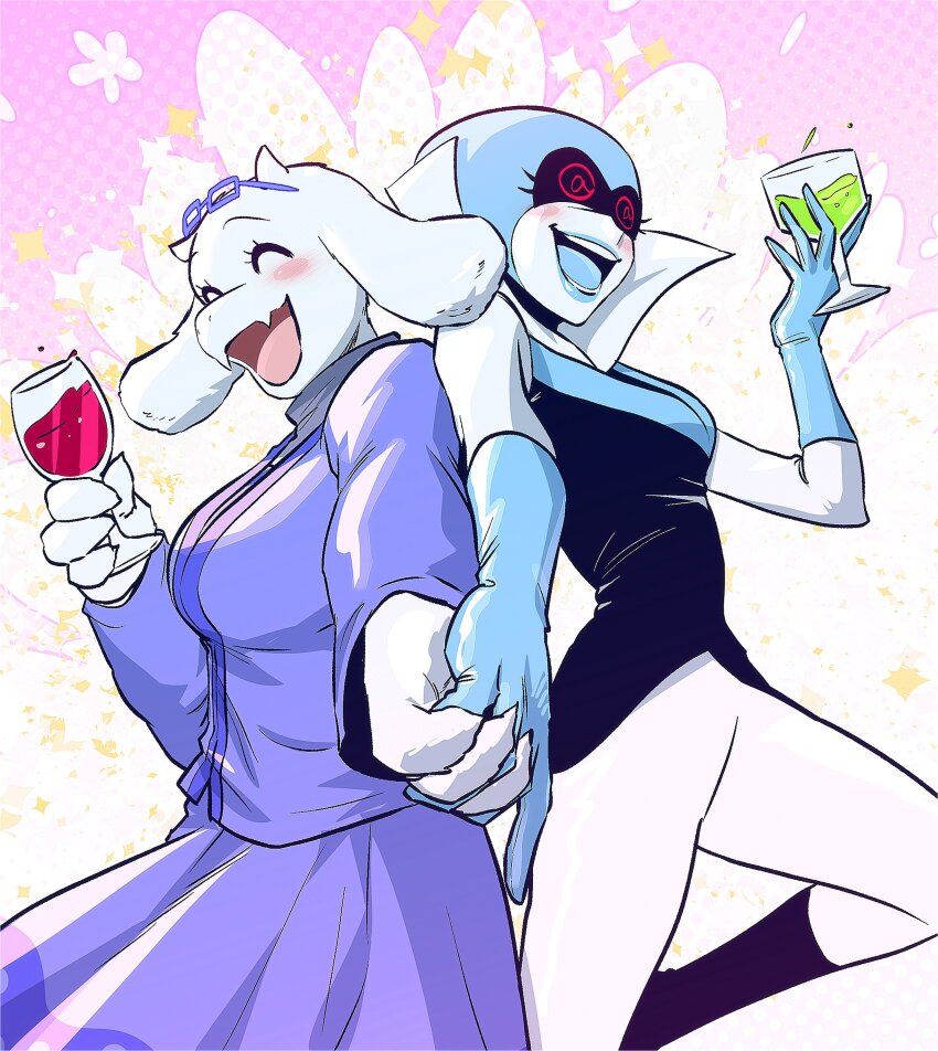2girls @_@ ^_^ absurdres animal_ears blue_skin blush closed_eyes colored_skin cowboy_shot croquis2025 cup deltarune drink drinking_glass eyewear_on_head fangs furry furry_female goat_ears goat_girl highres holding holding_cup holding_hands jacket multiple_girls open_mouth pink_background purple_jacket purple_skirt queen_(deltarune) skirt toriel