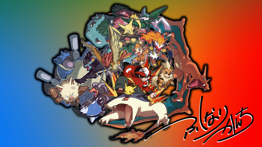 absurdres alakazam baseball_cap beak bird black_fur blastoise blue_background blue_fur body_fur character_request charizard chimchar dinosaur dog dragon fang fiery_hair fiery_tail fukunari_kanchi gallade gen_1_pokemon gen_2_pokemon gen_4_pokemon gradient_background green_background group_picture growlithe hat highres holding holding_poke_ball hood hood_down hoodie houndoom infernape lizard luxray mankey monkey nintendo open_mouth pidgeotto pikachu poke_ball pokemon pokemon_(creature) primeape red_background red_hat red_hoodie shoulder_cannon signature simple_background tail talons turtle typhlosion venusaur white_fur