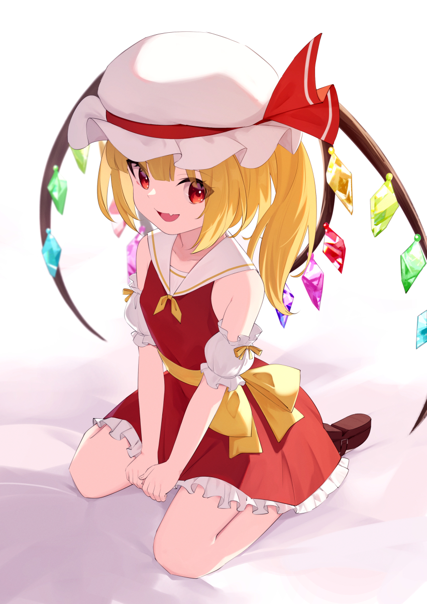 1girl absurdres adapted_costume blonde_hair blush bow breasts brown_shoes commentary_request crystal detached_sleeves dress fang flandre_scarlet frilled_dress frills full_body hat hat_bow highres looking_at_viewer mary_janes medium_hair mob_cap oeyama one_side_up open_mouth puffy_detached_sleeves puffy_sleeves red_bow red_dress red_eyes sailor_collar sailor_dress sash seiza shoes sitting sleeveless sleeveless_dress small_breasts smile touhou white_background white_hat white_sailor_collar wings yellow_sash