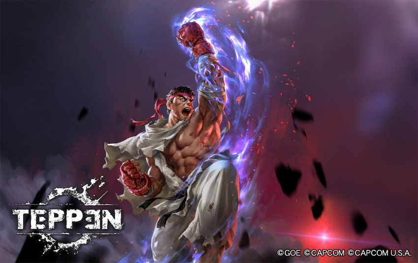 1boy abs armpits aura baggy_pants bara bare_pectorals barefoot biceps clenched_hands commentary dougi embers energy english_commentary eyebrows_visible_through_headband feet_out_of_frame fighting_stance fingerless_gloves forked_eyebrows gloves glowing glowing_eyes headband highres jeremy_chong jumping large_pectorals male_focus mature_male mma_gloves muscular muscular_male nipples official_art pants pectorals punching ryu_(street_fighter) shirt short_hair solo stomach street_fighter teppen thick_eyebrows torn_clothes torn_pants torn_shirt white_pants
