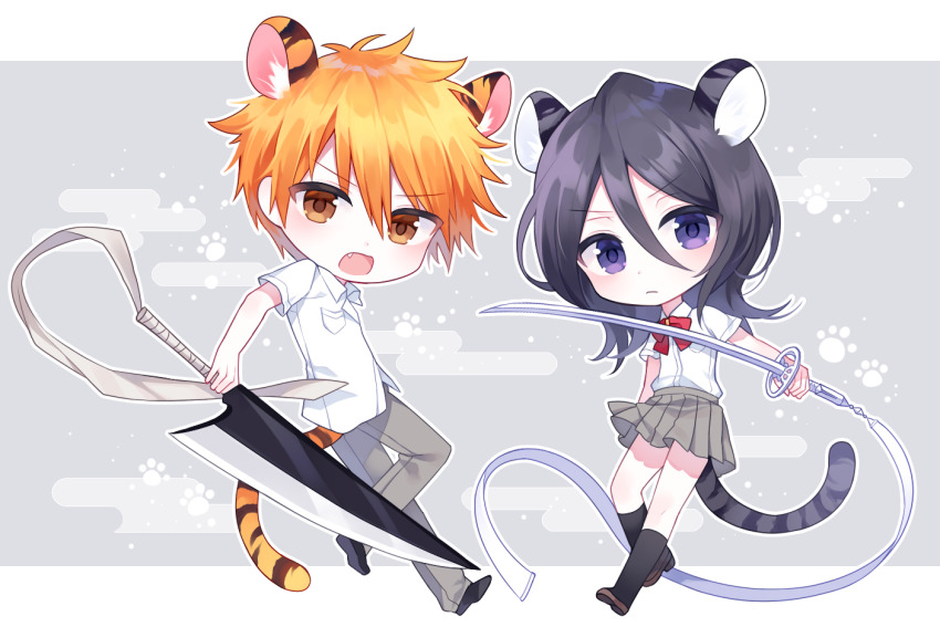 &gt;:( 1boy 1girl animal_ears black_hair black_socks bleach brown_eyes chibi chibi_only closed_mouth collared_shirt commentary dress_shirt eyes_visible_through_hair fang fighting_stance from_behind full_body g_ieep grey_background grey_skirt hair_between_eyes holding holding_sword holding_weapon katana kemonomimi_mode kneehighs kuchiki_rukia kurosaki_ichigo looking_at_viewer medium_hair miniskirt open_mouth orange_hair pleated_skirt purple_eyes school_uniform serious shirt short_hair short_sleeves simple_background skirt socks sode_no_shirayuki_(shikai) spiked_hair standing standing_on_one_leg sword tail tiger_boy tiger_ears tiger_girl tiger_tail v-shaped_eyebrows weapon white_shirt zangetsu_(shikai)