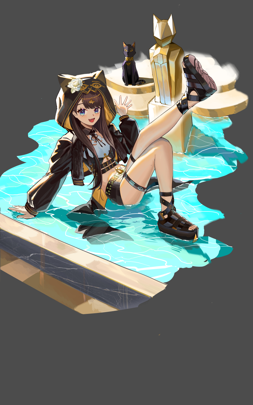 1girl :d absurdres animal_ear_hood animal_ears ankh arknights black_jacket black_sandals black_shorts blue_eyes brown_hair cat commentary fake_animal_ears fang foot_up full_body hand_on_ground hand_up head_chain highres hood hood_up hooded_jacket infection_monitor_(arknights) jacket jewelry long_hair long_sleeves navel open_mouth pepe_(arknights) sandals scarab shorts skin_fang smile solo the_horse. thighlet water
