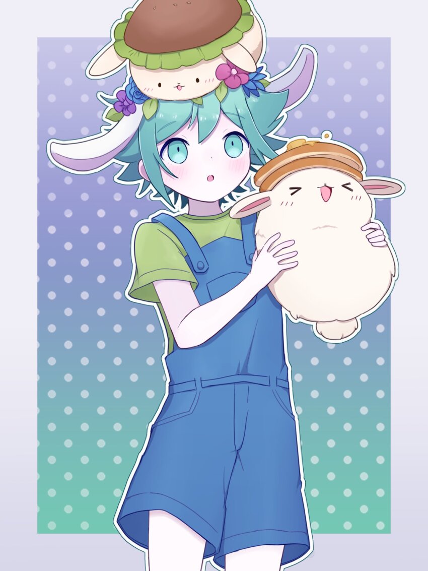 1boy animal_ears basil_(headspace)_(omori) basil_(omori) blue_overalls bun_bunny_(omori) colored_skin flower green_eyes green_hair green_shirt hatoba_(hatoba_yado) head_wreath highres kemonomimi_mode male_focus omori overalls pancake_bunny_(omori) rabbit_ears shirt short_hair short_sleeves solo white_skin
